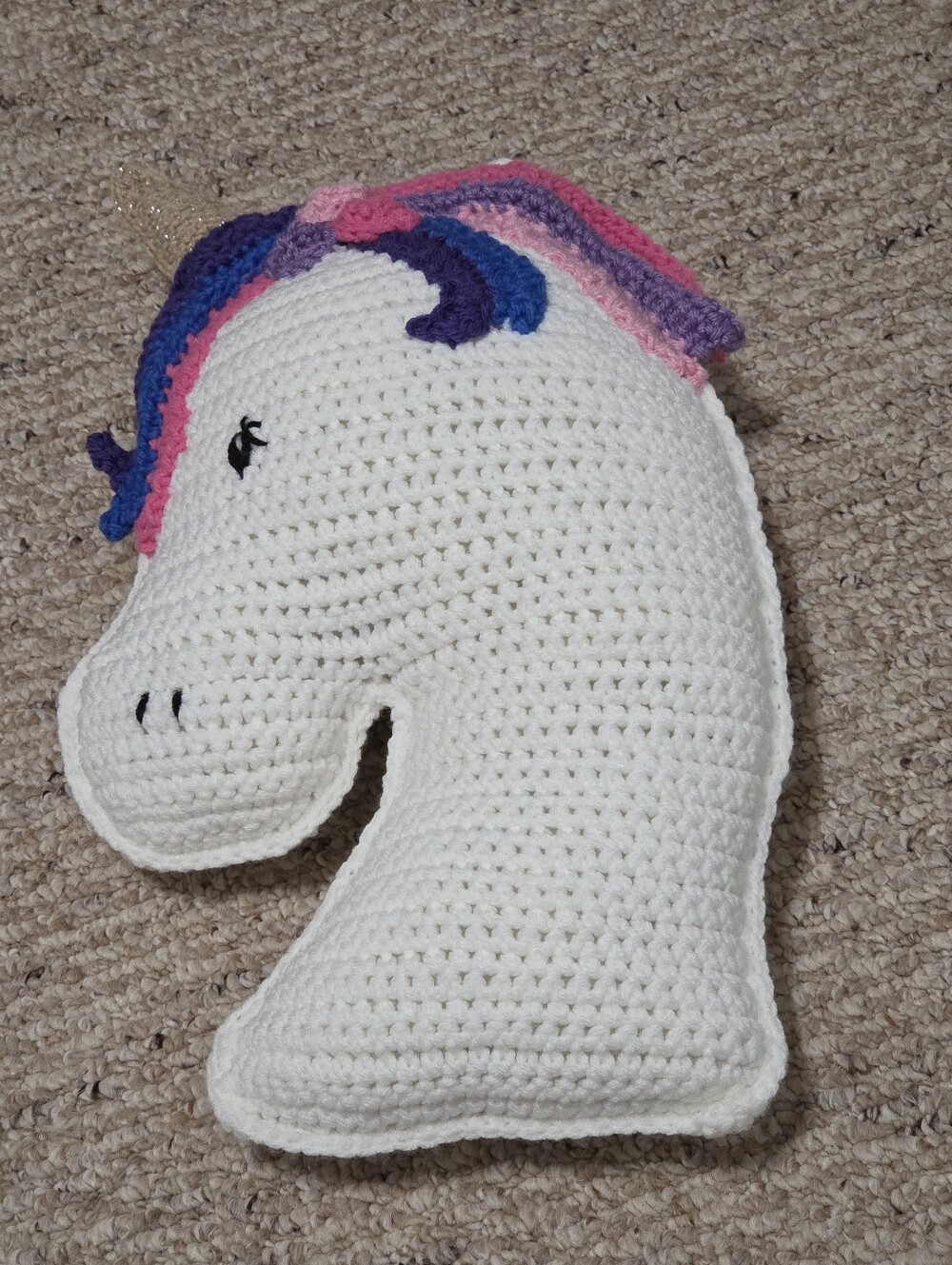 Hand Crafted White Unicorn Pillow with Pink, Purple & Blue Mane
